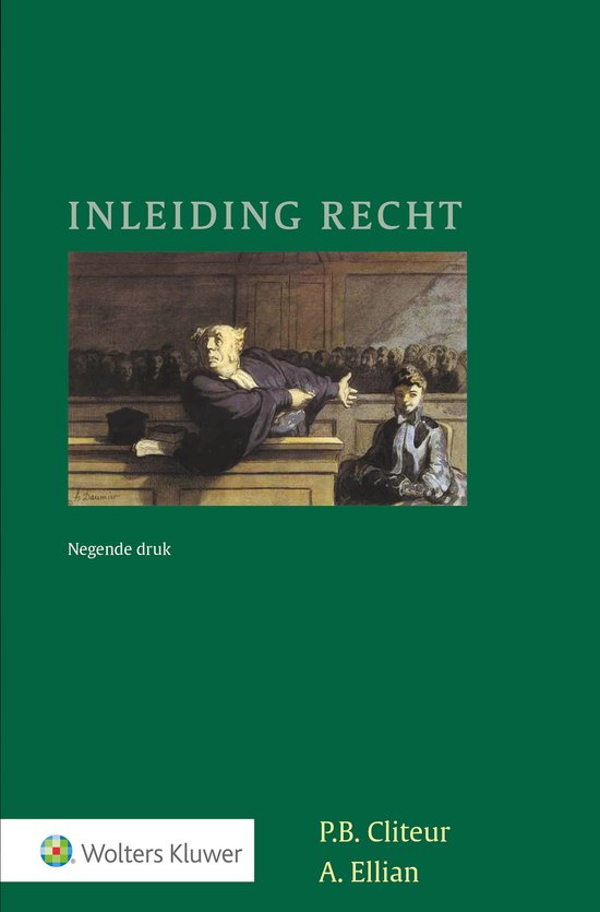 Inleiding Recht, negende druk. Illustratie van een rechtszaal met twee mannen.