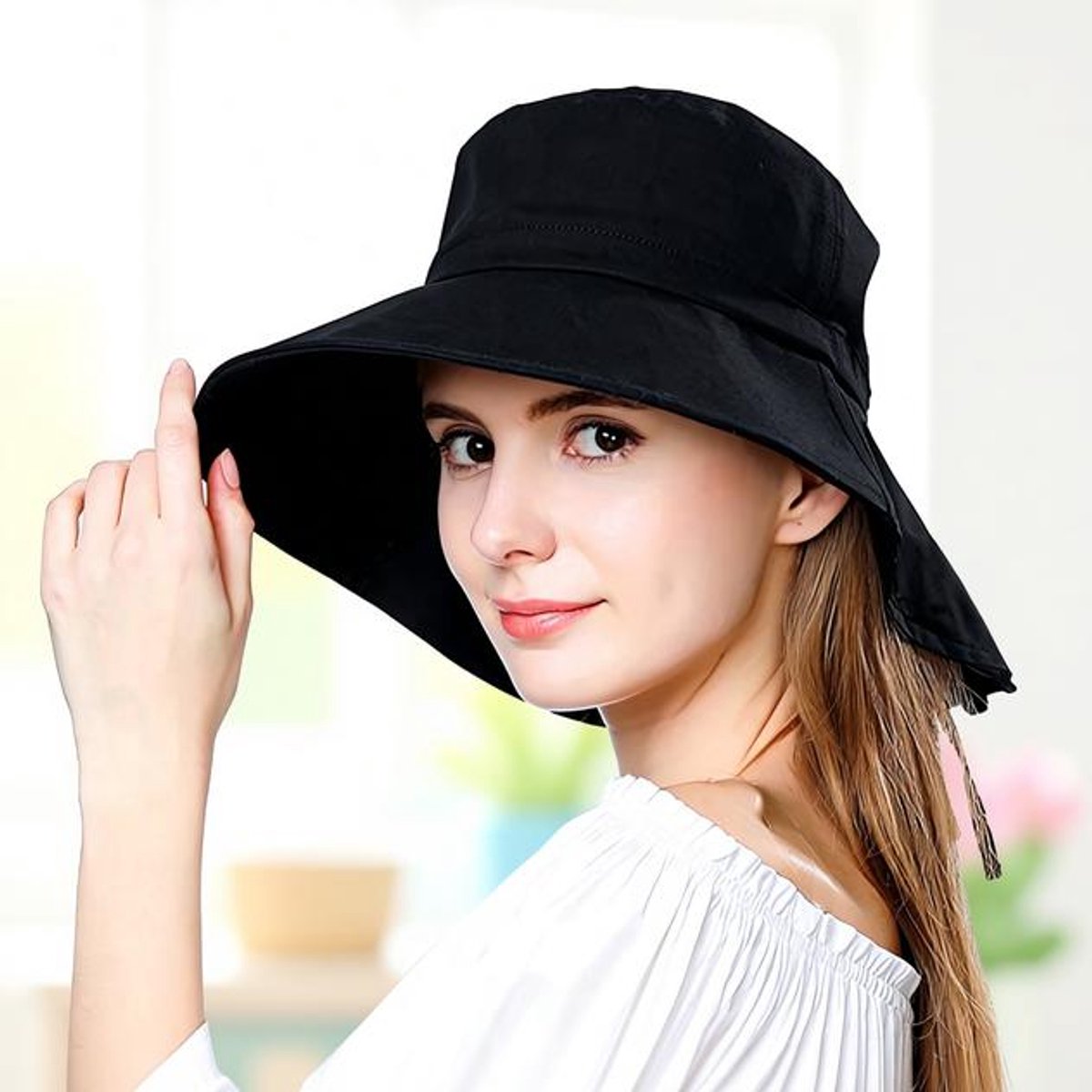 ElleMooi Opvouwbare zonnehoed voor dames, 100% slub-katoen, brede rand 11,5 cm, UV-bescherming UPF 50+, met kinband, L (58-59 cm)