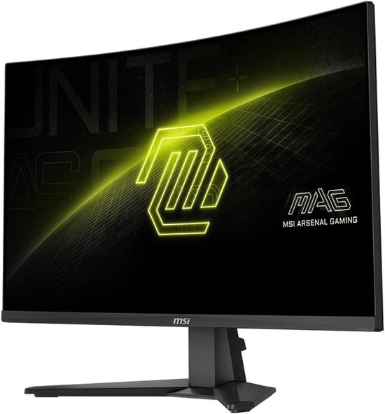 Gebogen MSI gaming monitor met een geel logo en 'MAG MSI ARSENAL GAMING' tekst.