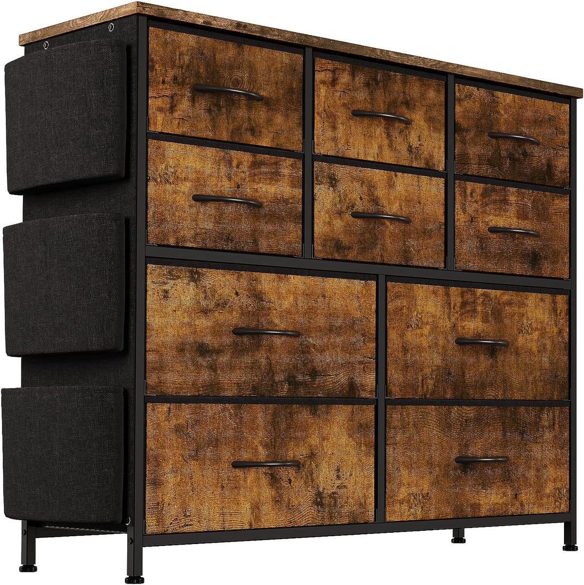 Ladekast met 12 Laden - Stoffen Commode - Groot Capaciteit Opbergkast met Zijzakken en Haken - Industrieel Design - Bruin & Zwart - Voor Slaapkamer en Woonkamer