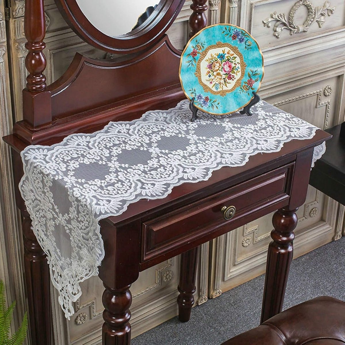 Eettafel loper - Tafeldecoratie - Feestelijke decoratie - Borduursel detail - 30x280 cm - Wit