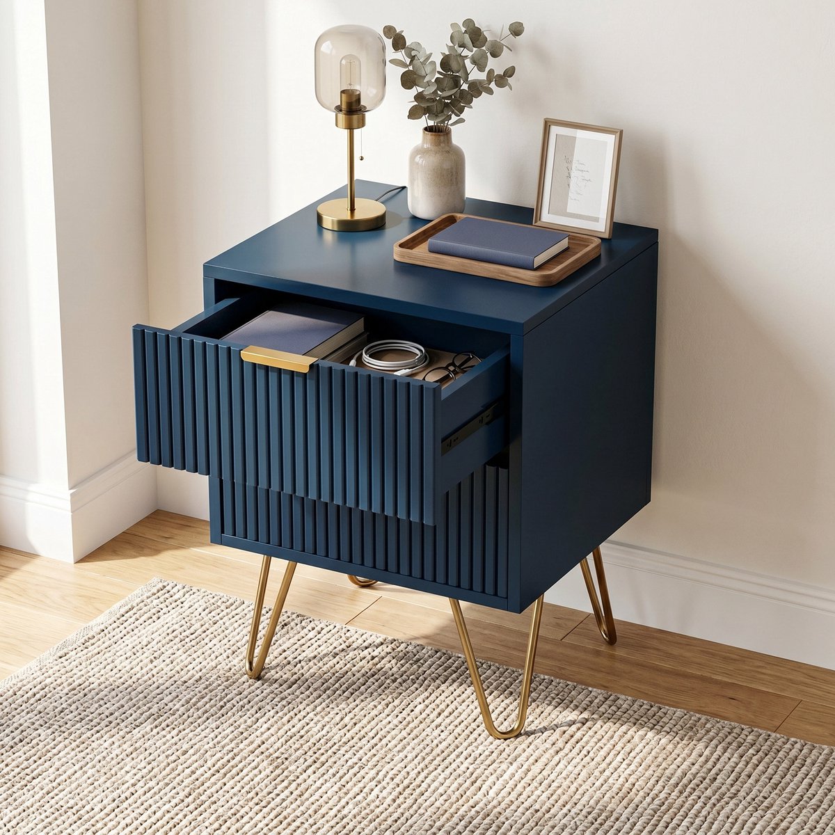 Modern nachtkastje - 40x35.5x50 cm - met 2 lades - geribbeld design - hout en gouden metalen poten - donkerblauw