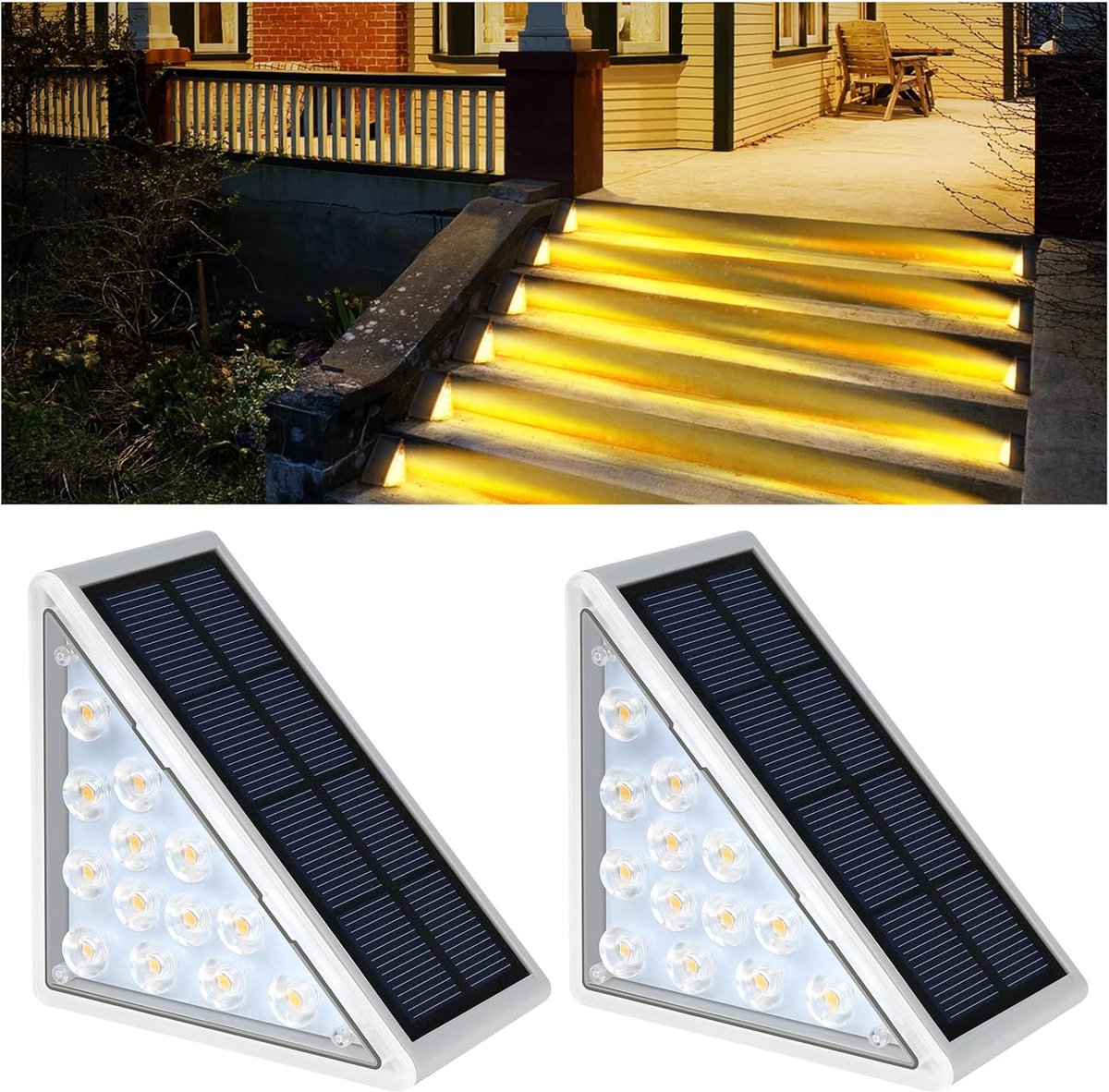 Set van 2 trapverlichtingselementen, warm licht, 13 LED waterdichte solar buitenverlichting, geschikt voor traptreden, veranda's, terrasranden, looppaden en buitendecoratie.