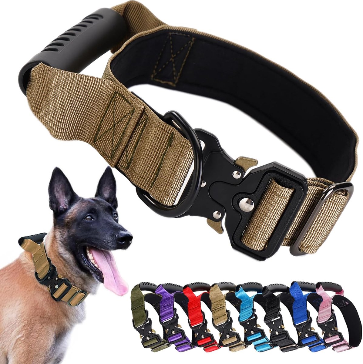 COOAU - Tactische Hondenhalsband met Handvat - Stevig Nylon Halsband met Snelsluiting Metalen Gesp - Verstelbaar Militair Halsband voor Grote Honden Training