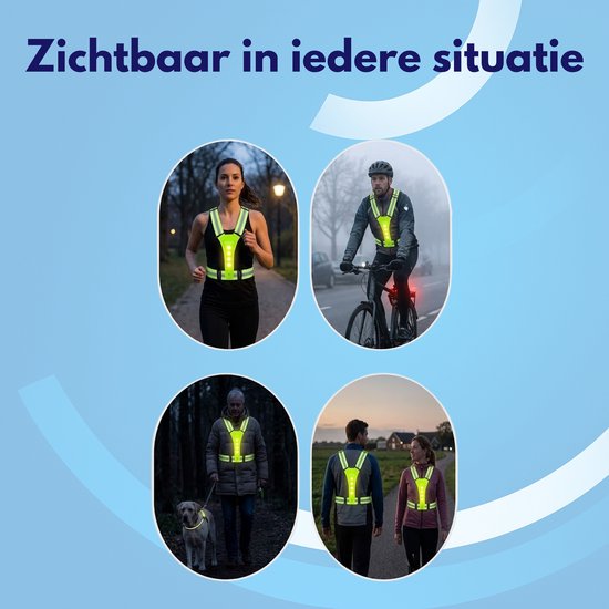 Verschillende situaties met een reflecterend vest: rennen, fietsen, wandelen met hond, wandelen met partner.
