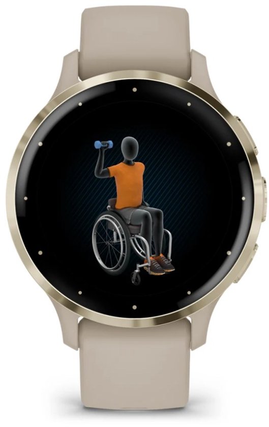 Smartwatch met fitnessicoon in rolstoel, gewichtheffen.