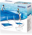 Verpakking van een Bestway Steel Pro rechthoekig zwembadafdekzeil met afbeeldingen van het product en de afmetingen.
