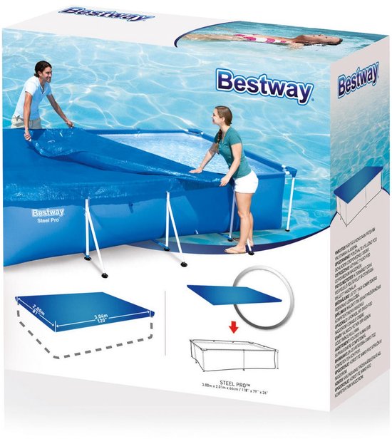 Verpakking van een Bestway Steel Pro rechthoekig zwembadafdekzeil met afbeeldingen van het product en de afmetingen.