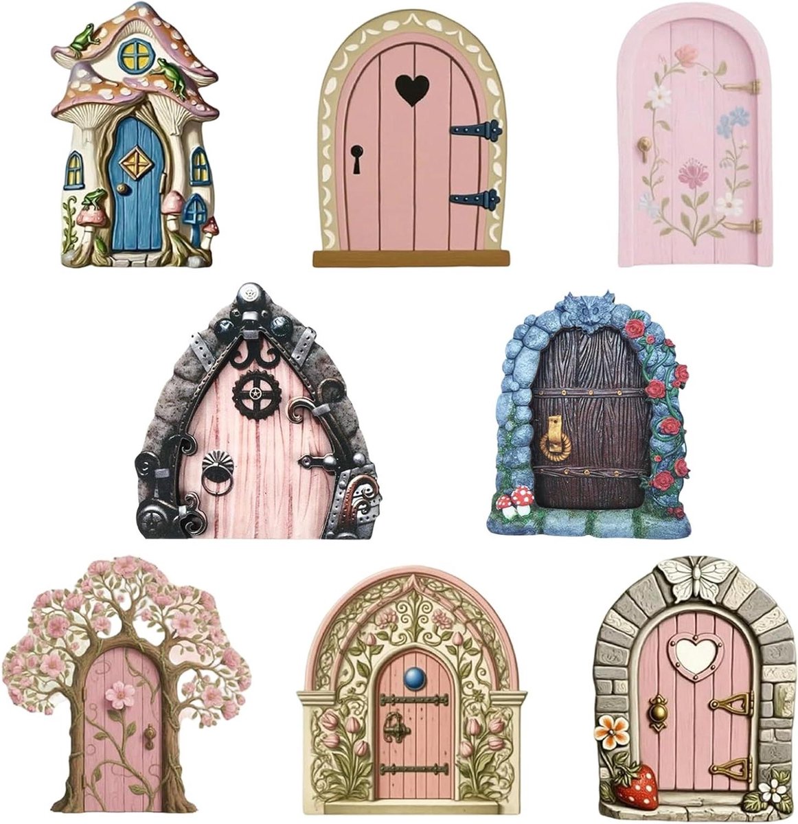 Feeëndeuren Set - Tuindecoratie Elfen - Sprookjes Tuin - 8 Delig - 10x20x20 mm - Kleurrijk