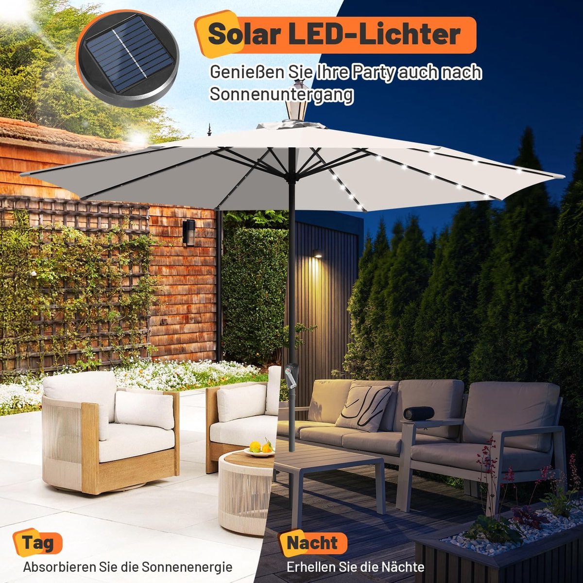 Stokparasol - 350CM - Parasol - Tuin - met LED - UV50+ - Waterdicht - Balkonparasol - Zweefparasol - Beige – foto 4