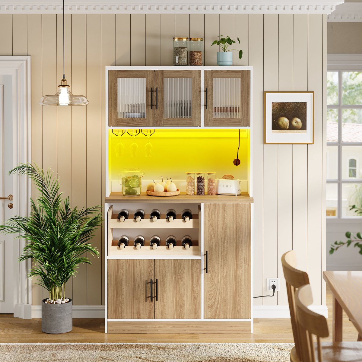 MODENUIT Keukenkast - Opbergkast Met Ledverlichting En Stopcontact - Voor Keuken En Eetkamer - MDF - 100x40x180 Cm Wit+Natuurlijk