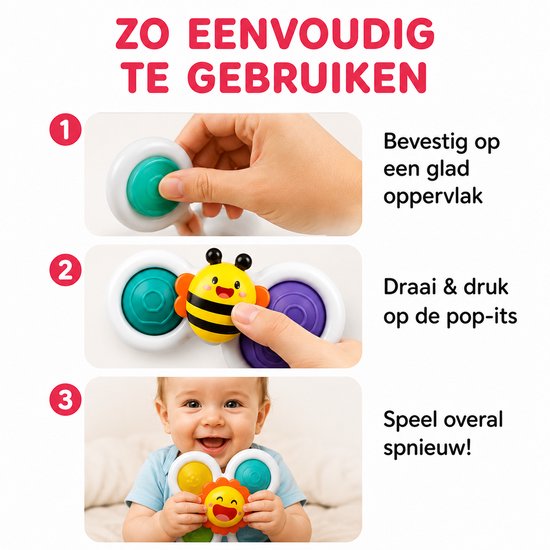 Instructies voor het bevestigen en gebruiken van een zuignapspeeltje met een bij en pop-its, en een baby die ermee speelt.