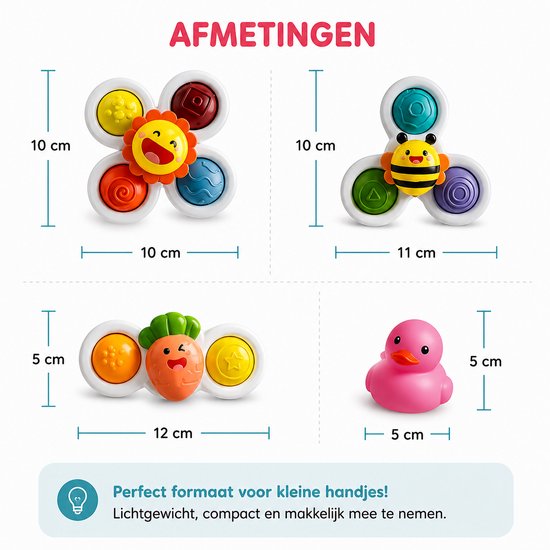 Afmetingen van de spinners en badeend: 10x10 cm, 10x11 cm, 5x12 cm en 5x5 cm. Perfect formaat voor kleine handjes.