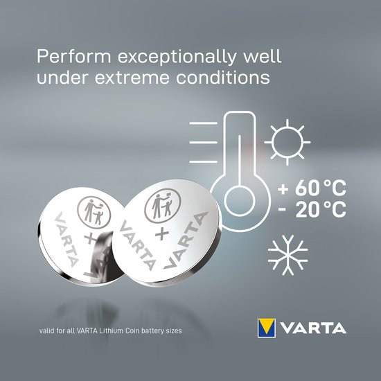 Twee Varta knoopcelbatterijen met temperatuur- en weerspictogrammen. Presteren goed onder extreme omstandigheden.