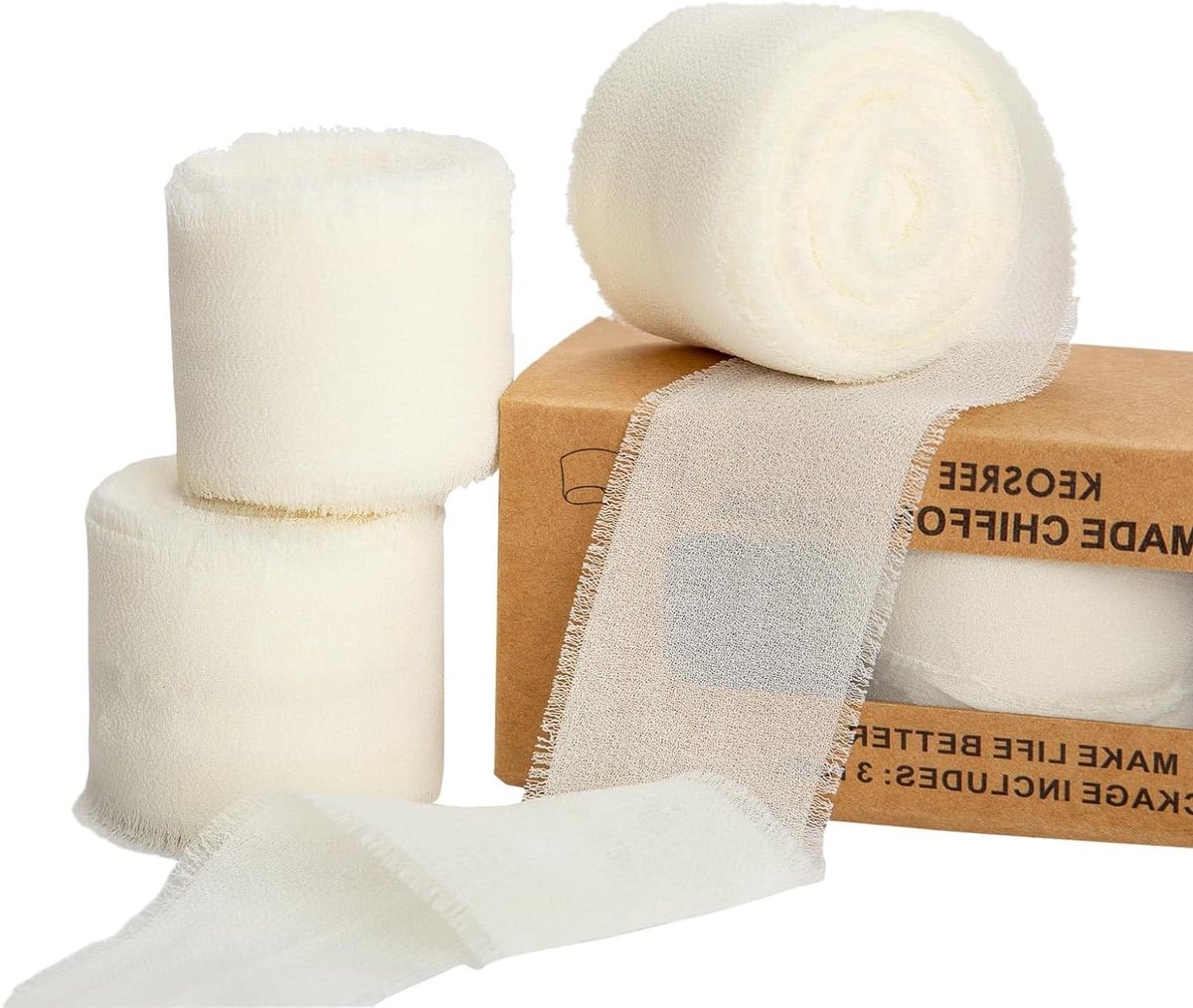 Chiffon Lint - Gerafelde Lint - Decoratie Maken - Handgemaakt - 3 Rollen - Crèmewit