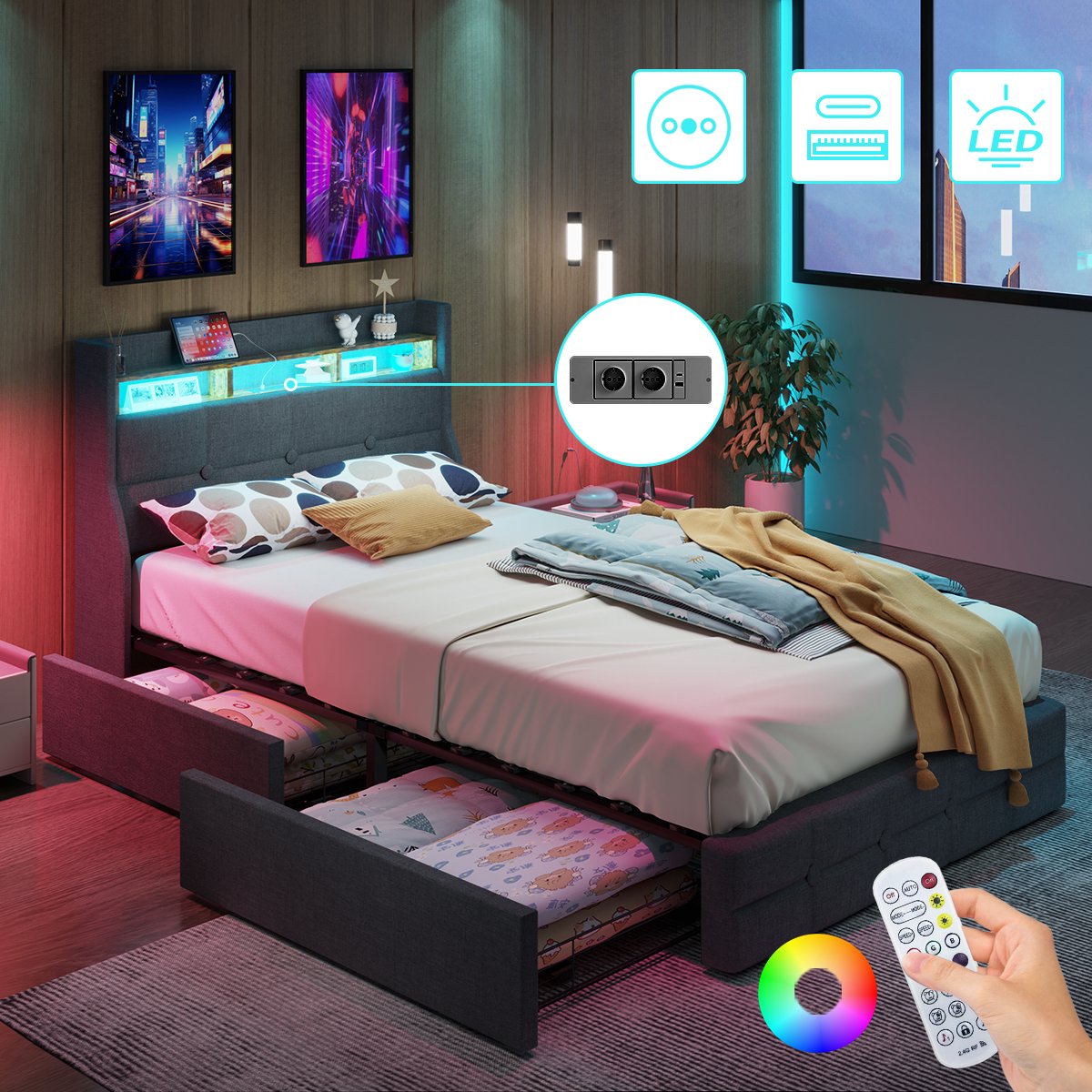 Mihtrov Linnen Gestoffeerd Bed 90x200 cm - Opbergbed - Jongerenbed - Jeugdbed - Eenpersoonsbed - Bedframe met 2 Lades - Led Verlichting - Met Stopcontacten - USB -Type C - Eenvoudige Montage - Grijs Grijs - Lade