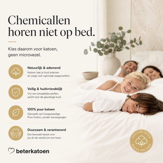 Familie slaapt vredig in een wit bed. Tekst: Chemicaliën horen niet op bed. Tekst op cirkel: 100% Pure Cotton.