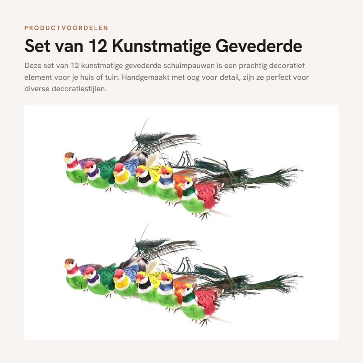 Dailygoods- Vogelknutselornament 12 Stuks - Kunstmatig Gevederde Schuimpau - Tuindecoratie - DIY Vogels - Flexibele Draad - 25 cm - Decoratievogels