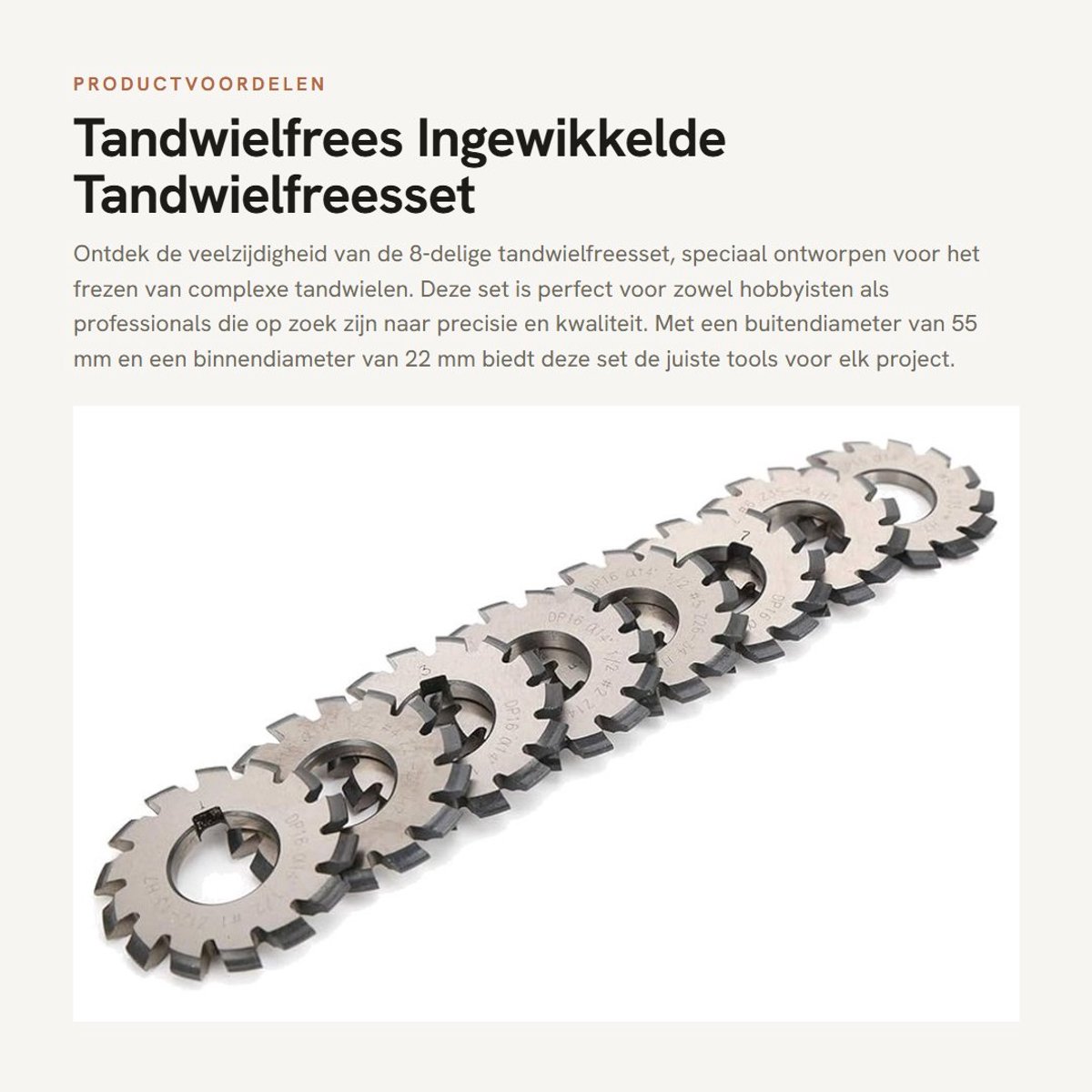 Dailygoods- Tandwielfrees 8-delige Set - Ingewikkelde Freesset - Snelstaal Snijgereedschap - Buitendiameter 55 mm - Drukhoek 14,5° - Geschikt voor Tandwielen