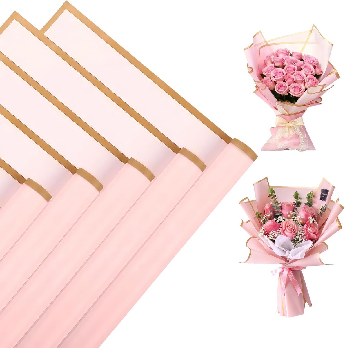 Dailygoods- Bloemenpapier 20 Vellen - Roze met Gouden Rand - Waterdicht - Cadeaupapier - Inpakpapier - 56x56 cm - Mat en Doorschijnend