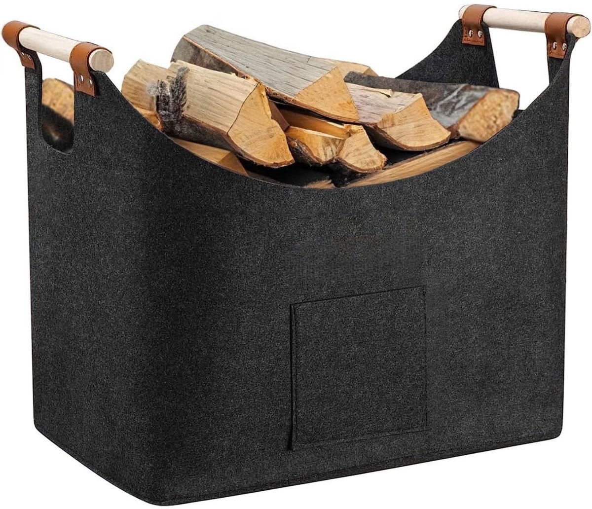 Dailygoods- Brandhoutmand met houten handvat - Opvouwbaar - Vilten tas - Donkergrijs - 45 x 32 x 40 cm - Extra grote capaciteit - Haardhoutmand