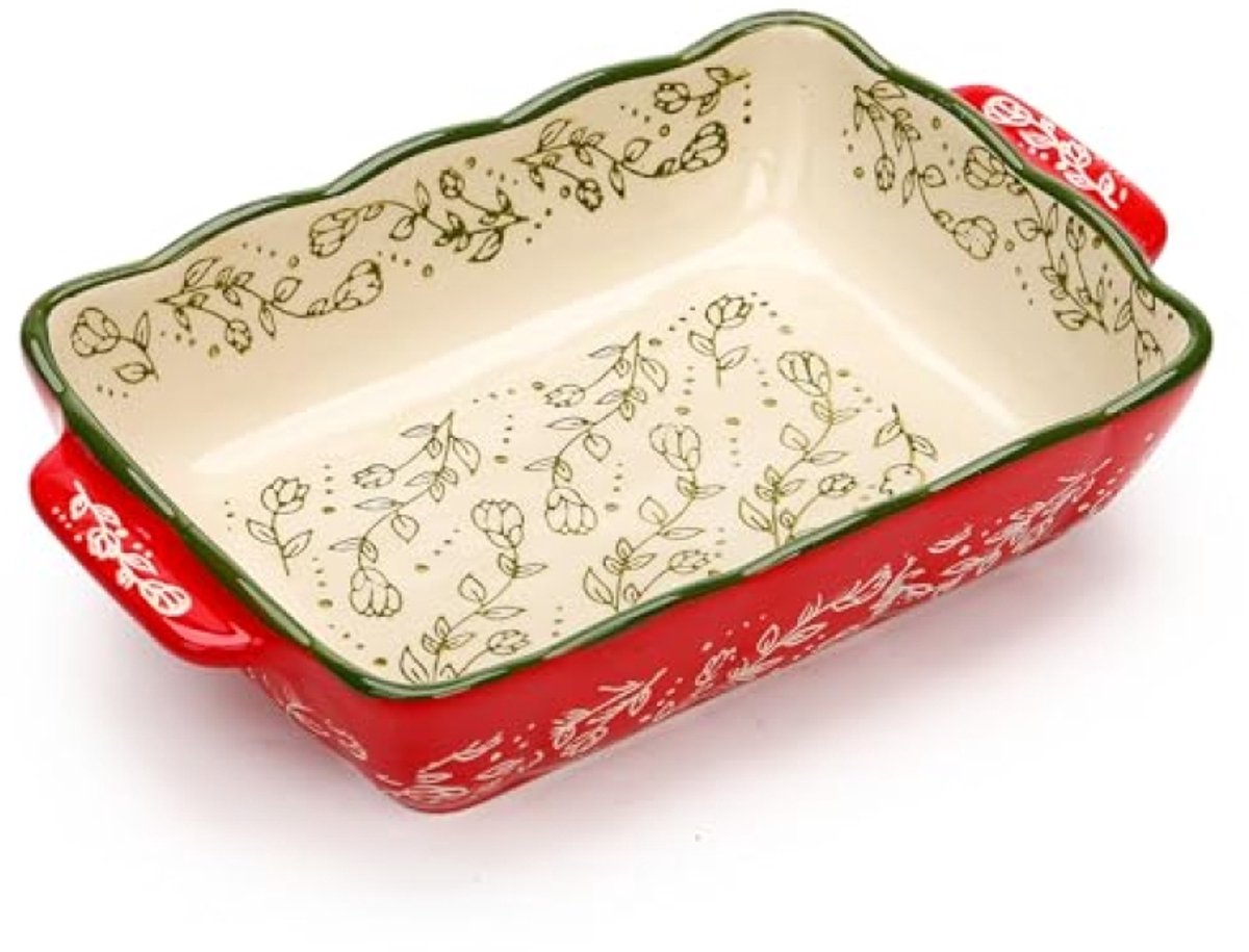 Ovenschaal klein keramiek 1-2 personen - handbeschilderd bloemen - rood crème - bakvorm ovenschaal