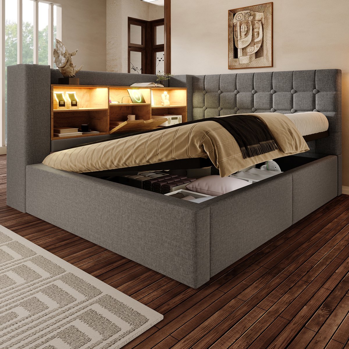 DESMIU Gestoffeerd Bed 140x200 cm – Ledverlichting En Oplaadpunten – Hydraulische Opbergruimte En L-Vormig Hoofdbord – Tweepersoons Linnen – Grijs – Met Matras