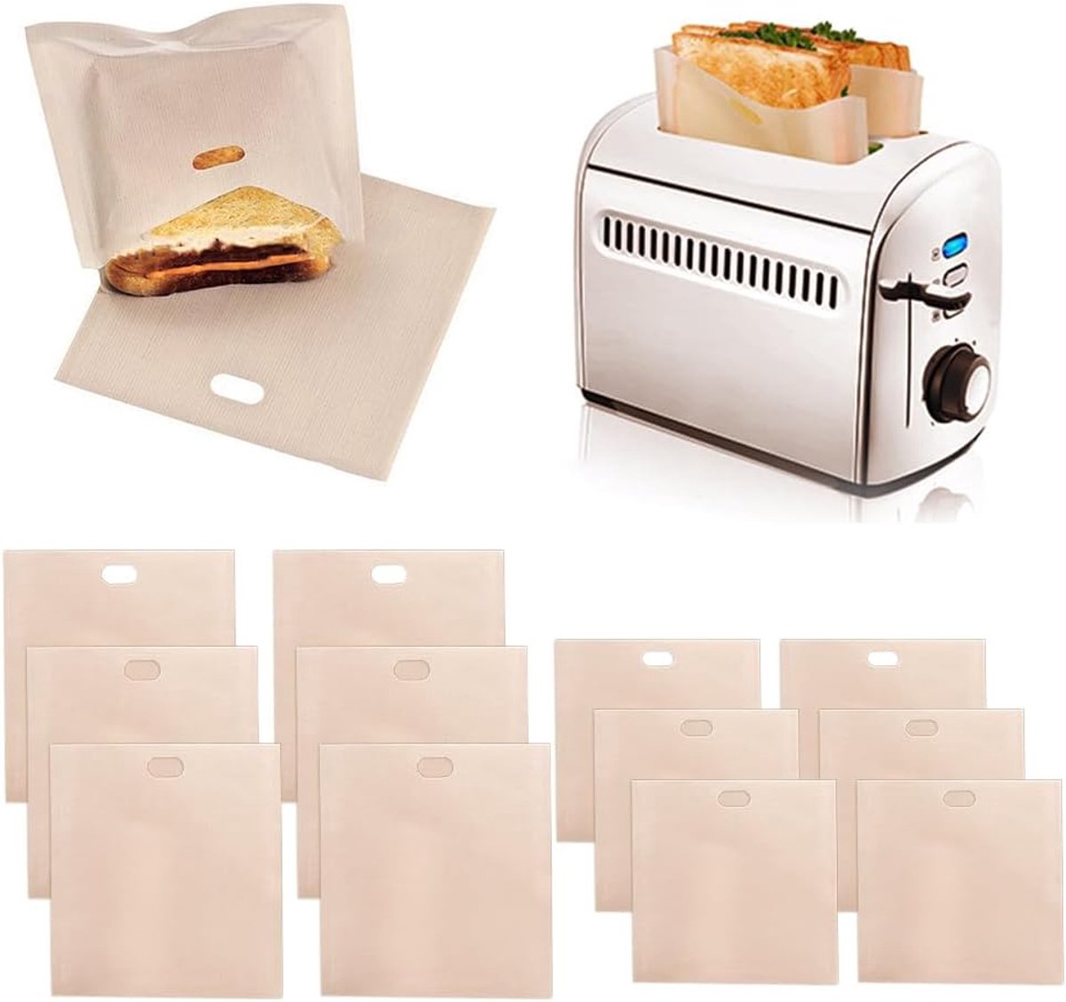 12x Herbruikbare Broodroosterzakken Sandwichzakken Hittebestendig Anti-Aanbak
