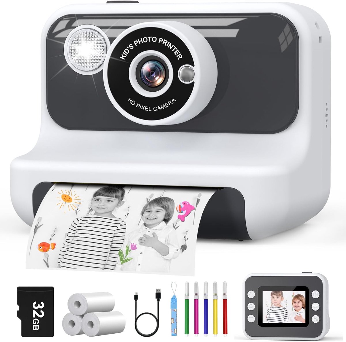 Kindercamera - Direct Print Camera - Creatief Vastleggen - Direct Zwart-Wit Print - 2.4 Inch Scherm - Wit