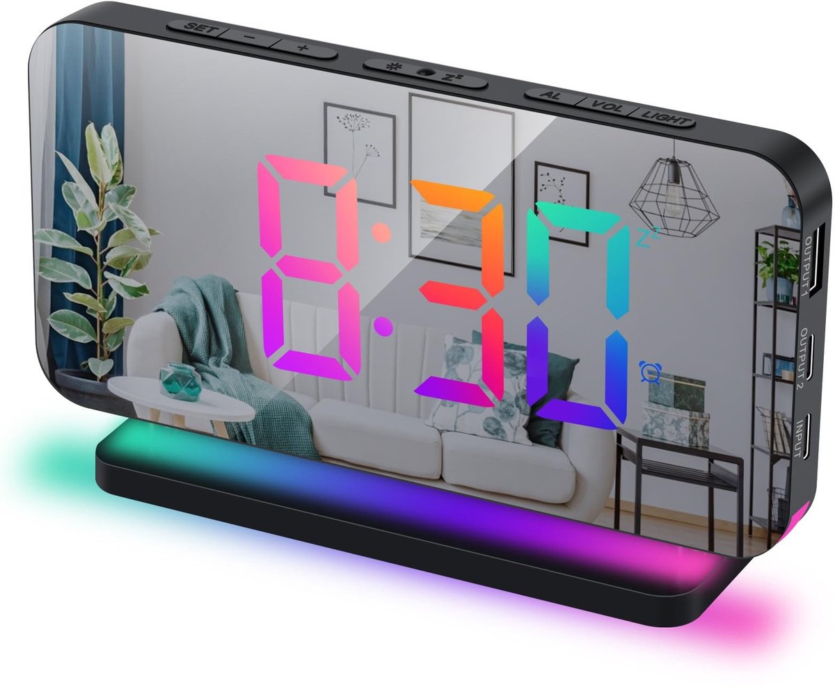 Dailygoods- Digitale Wekker met Spiegel - LED Scherm - RGB Nachtlampje - USB-poort - 6-niv