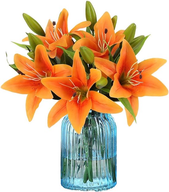 Kunstbloemen Lelies - Nepbloemen Decoratie - Woonkamer Aankleden - Realistisch Latex Materiaal - 8 Stuks 35cm - Oranje