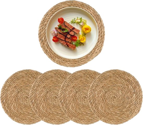 Set de 4 sets de table ronds tressés en rotin - Jacinthe d'eau et Jute - Sets de table rustiques de style bohème et ferme - Sous-assiettes - 35 cm - Naturel
