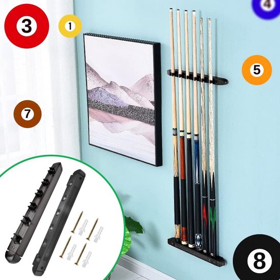Houten Keurek - Poolstickhouder - Biljart Opbergen - Wandmontage Ontwerp - Voor 6 Keuen - Zwart — afbeelding 2