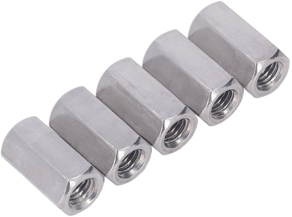 Dailygoods- Koppelingsmoer Zeskant - M12 x 1,75 - 36 mm Lengte - 304 Roestvrij Staal - Set van 5 - Duurzaam en Stevig - Moeren