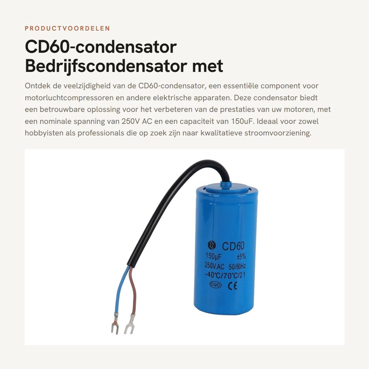 Dailygoods - CD60-condensator - Bedrijfscondensator met Kabel - 250V AC - 150uF - Ideaal voor Motorluchtcompressor - Blauwe kleur - Betrouwbare werkin...