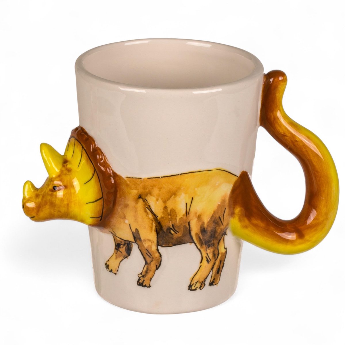 Dailygoods- Bekerset 3D Dinosaurus - Handbeschilderd - Dolomiet - Kindermokken - 300 ml - Vier verschillende dino-motieven - Kindermok