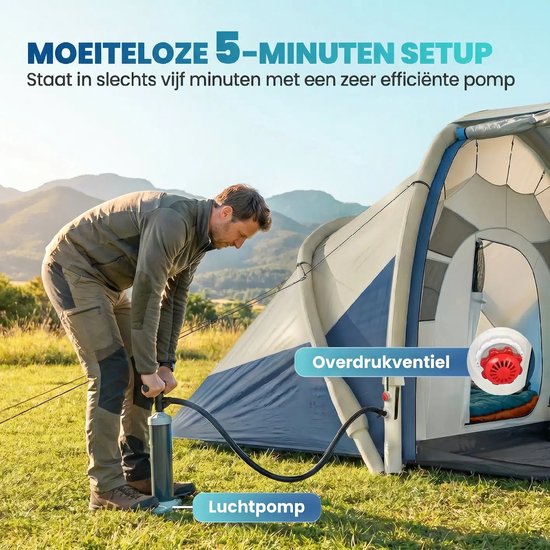 Opblaasbare tent - Opblaasbare glamping tent - Waterdicht - Tot 4 personen - Blauw+Grijs+Lichtbruin - Camping - Tuin - Glamping - 485L x 245B x 188H cm — afbeelding 2
