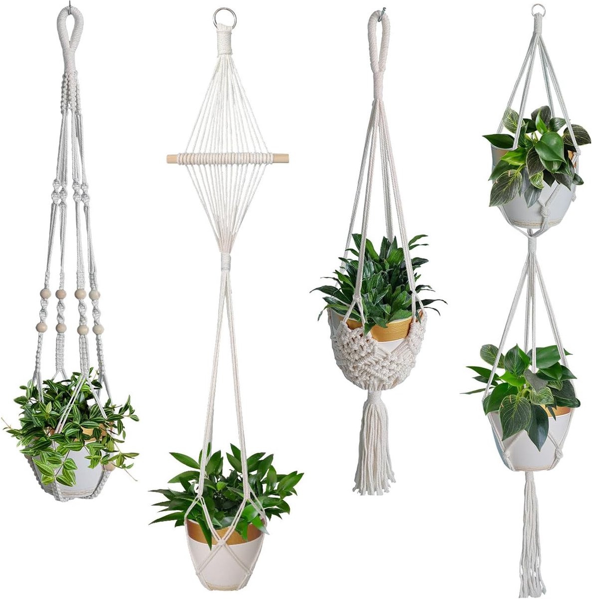 Thijox - Set van 4 Macramé Plantenhangers - Boho Decoratie - Katoenen Touw - Hanglampen voor Planten - Hangend - Binnen en Buiten - Plafond en Balkon
