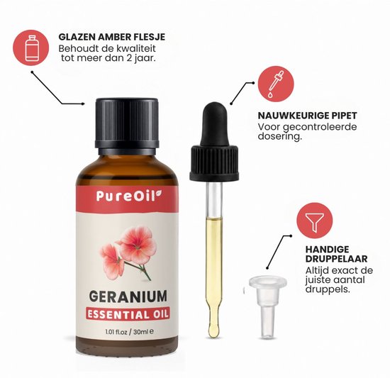 Flesje PureOil Geranium etherische olie met etiket, pipet en druppelaar.