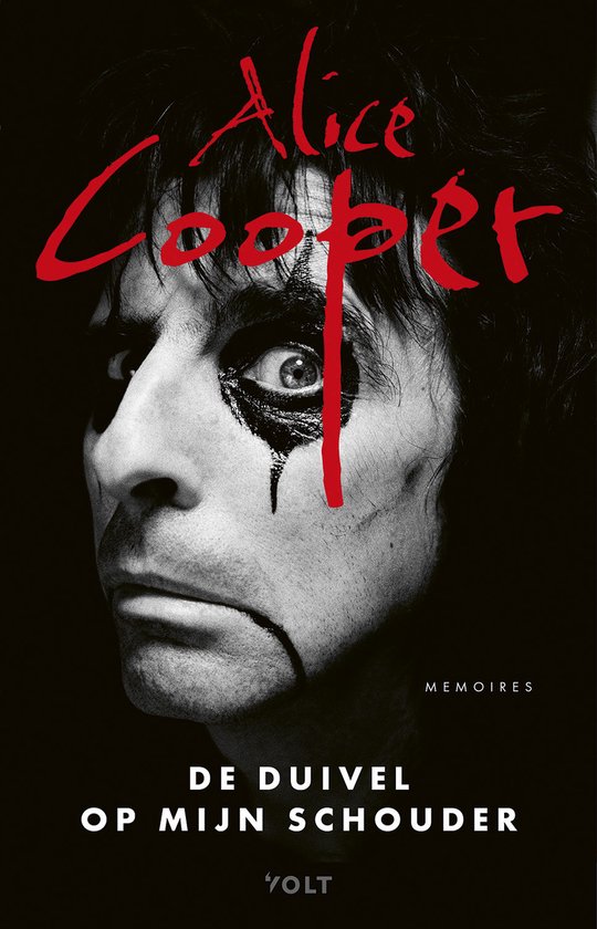 Boekcover met close-up van Alice Cooper met iconische make-up, 'Alice Cooper' in rood, 'MEMOIRES' en 'DE DUIVEL OP MIJN SCHOUDER' in wit.