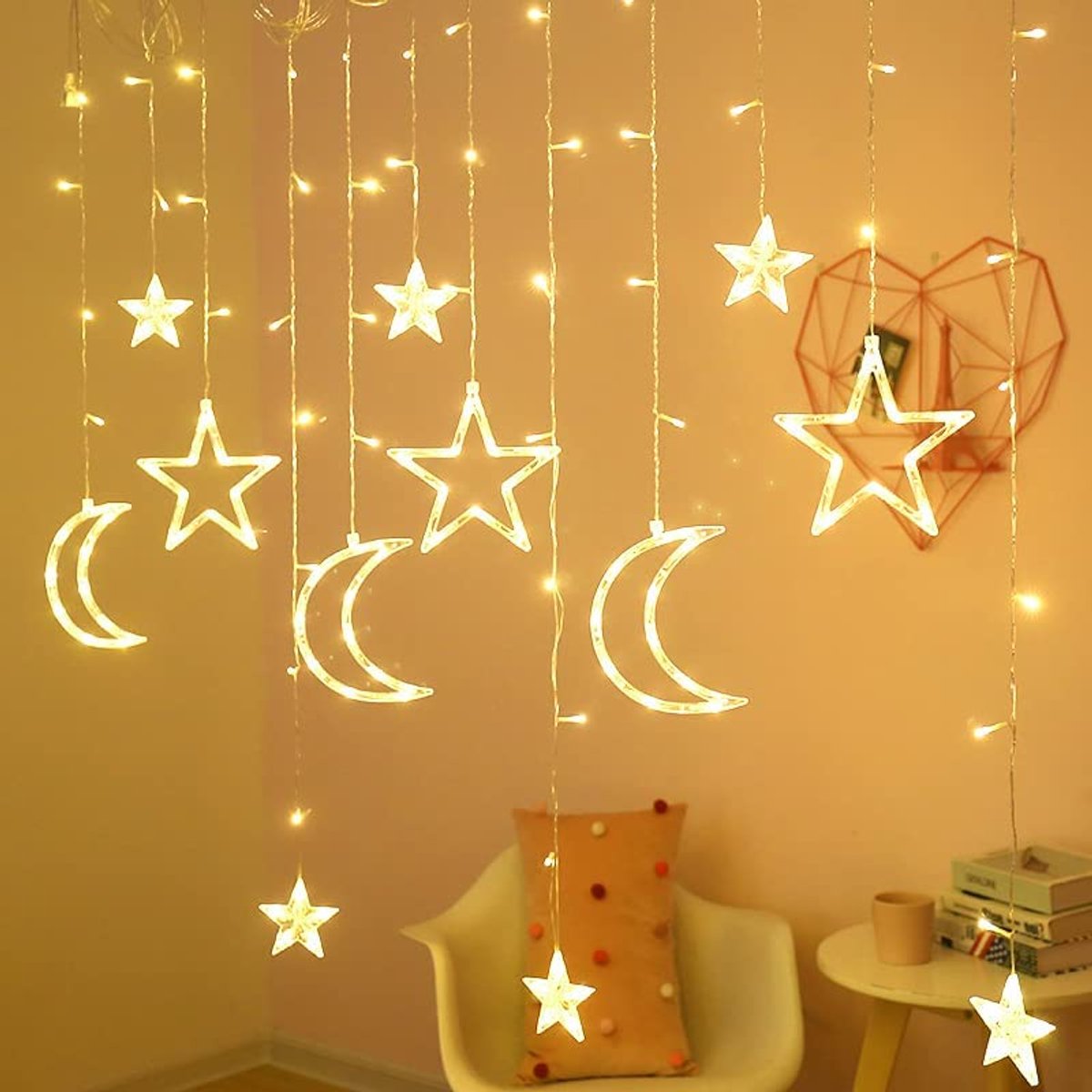 Sterren en Maan Lichtgordijnen - Slingerlampjes - Kerstverlichting - Warmwit - Sterrengordijn - Buiten & Binnen - Kerst - Kerststerren - Feest licht gordijn - Energie Zuining - Decoratieverlichting - Home accessories