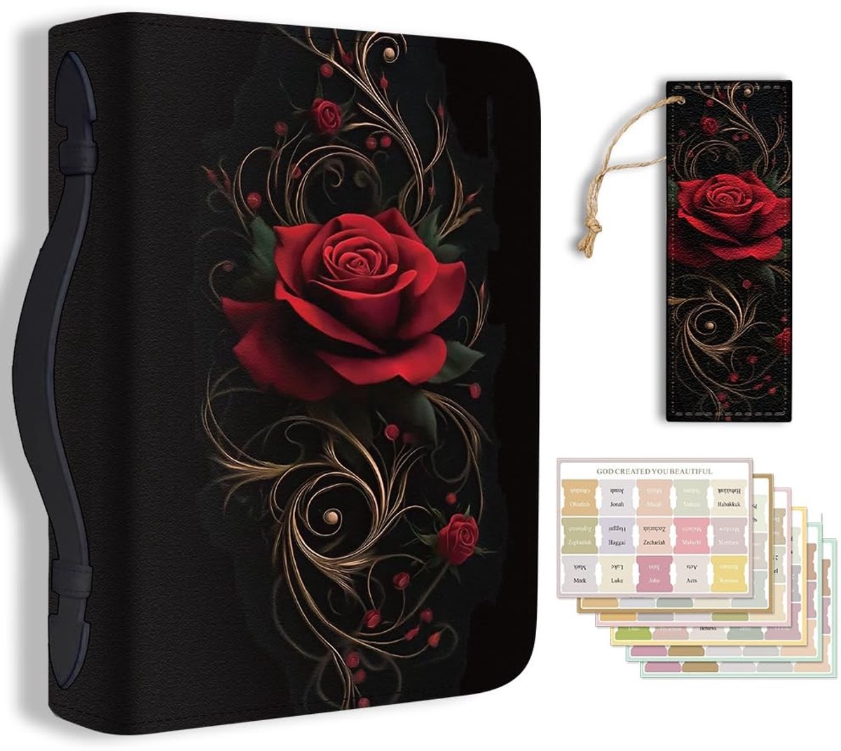Dailygoods- Bijbelcover Grote Formaat - PU Lederen Case - Bladwijzer - Rode Rozen Design - Draagtas voor Vrouwen/Mannen - 20.3x28.5x5.9cm - Bijbeltas