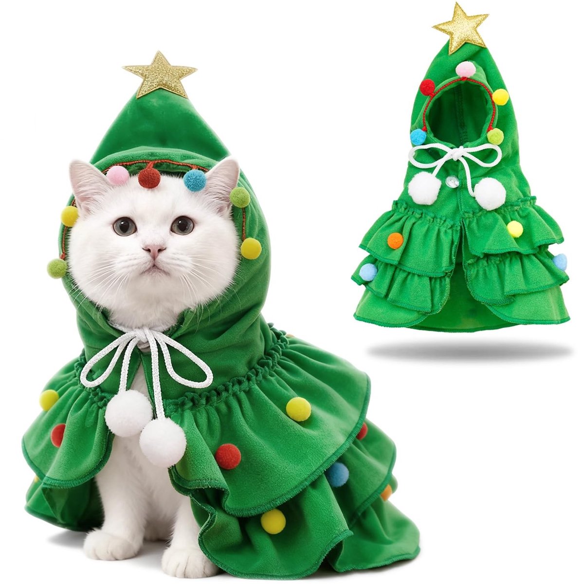 Dailygoods- Kerstkostuum voor Katten - Kerstcape met Ster/Pompon - Groene Kerstoutfit - Honden/Katten Kostuum - Cosplay voor Feestjes - Maat M - Huisdierenkostuum
