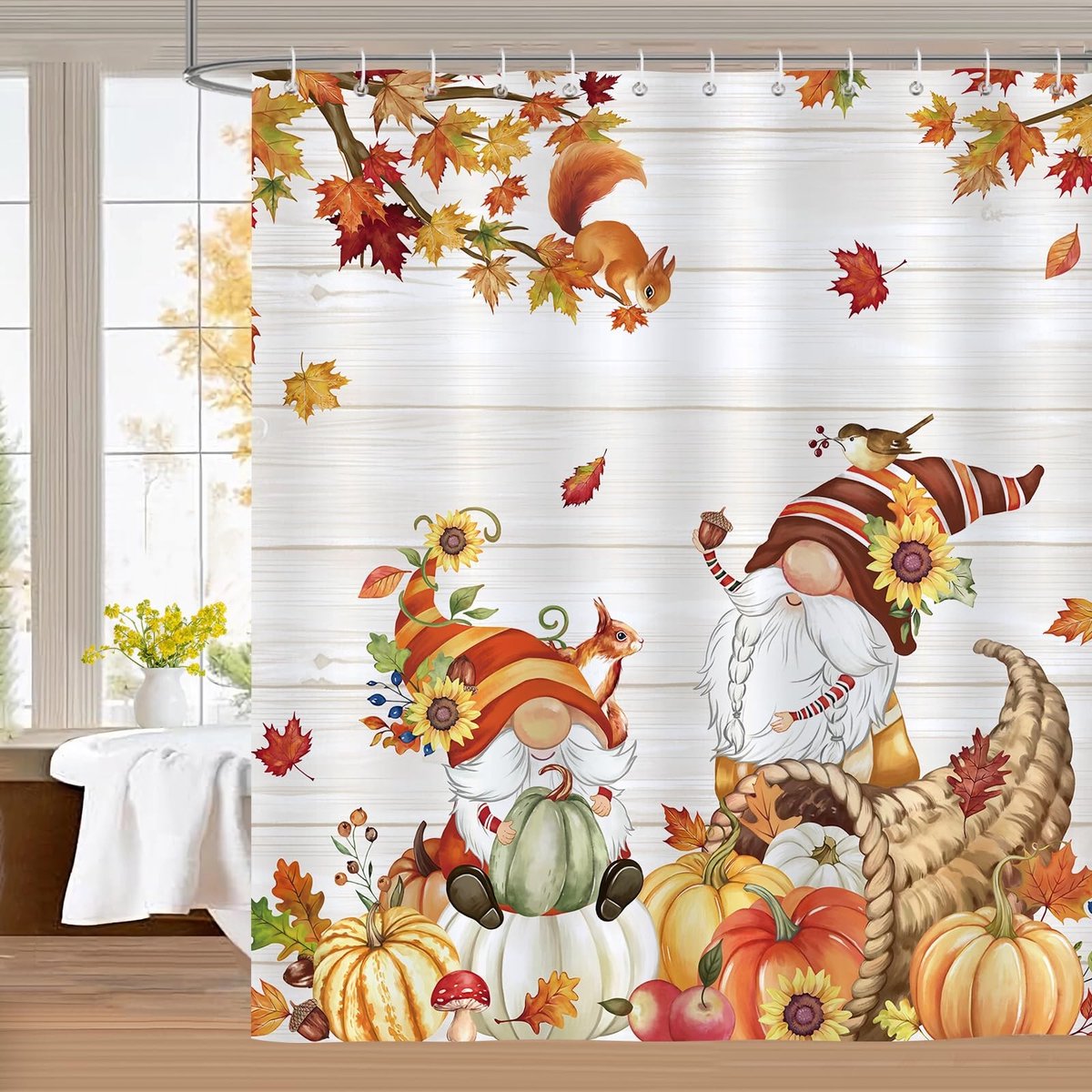 Dailygoods- Douchegordijn 180x180 cm - Schimmelwerend - Waterdicht - Wasbaar - Polyester - Herfstpatroon met dwergen - Badkamergordijn