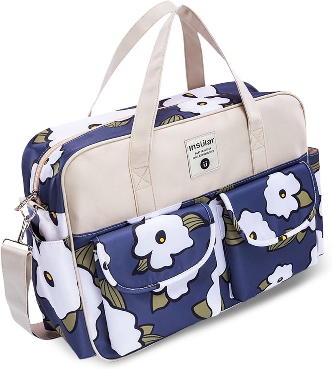 Babyluiertas - Draagtas - Baby verzorgen - Waterdicht materiaal - 39 x 12.5 x 29 cm - Blauw met bloemen