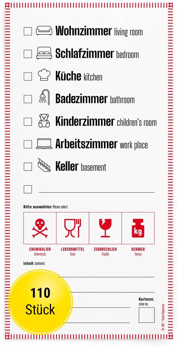 Verhuisdozen Stickers - Etiketten Beschrijfbaar - Verhuizing Organiseren - Duits en Engels - 110 Stuks - Wit Rood