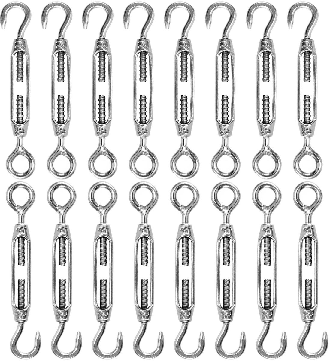 Dailygoods- Spanslot 16 stuks - Draadspanner Waslijn - Verstelbaar Oogje - Roestvrij Staal 304 - Belastbaar tot 40 kg - Afmetingen 10,5 cm - 14,5 cm