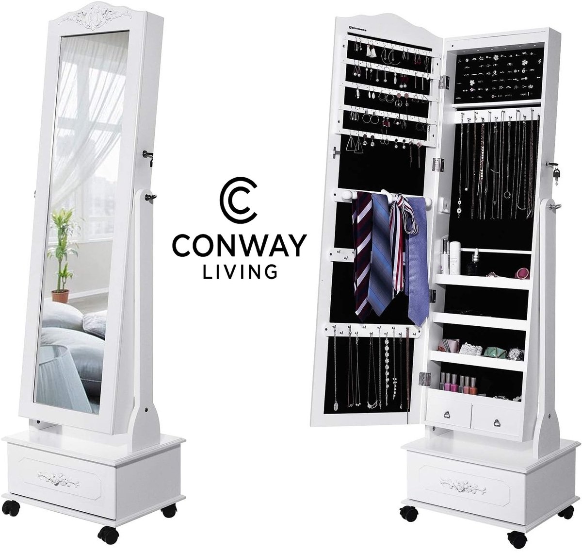 Conway Living® | Staande Passpiegel | Sieradenkast met Spiegel & LED | Verrijdbaar met Rem | Grote Opbergruimte voor Oorbellen, Kettingen & Ringen | Slot & Sleutel | Wit