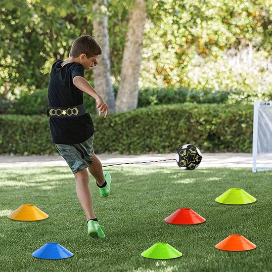 Voetbal Trainingsaccessoire - Solo Trainer - Balvaardigheid Verbeteren - Verstelbare Elastische Band - 12 Pionnen - Zwart Geel — afbeelding 3