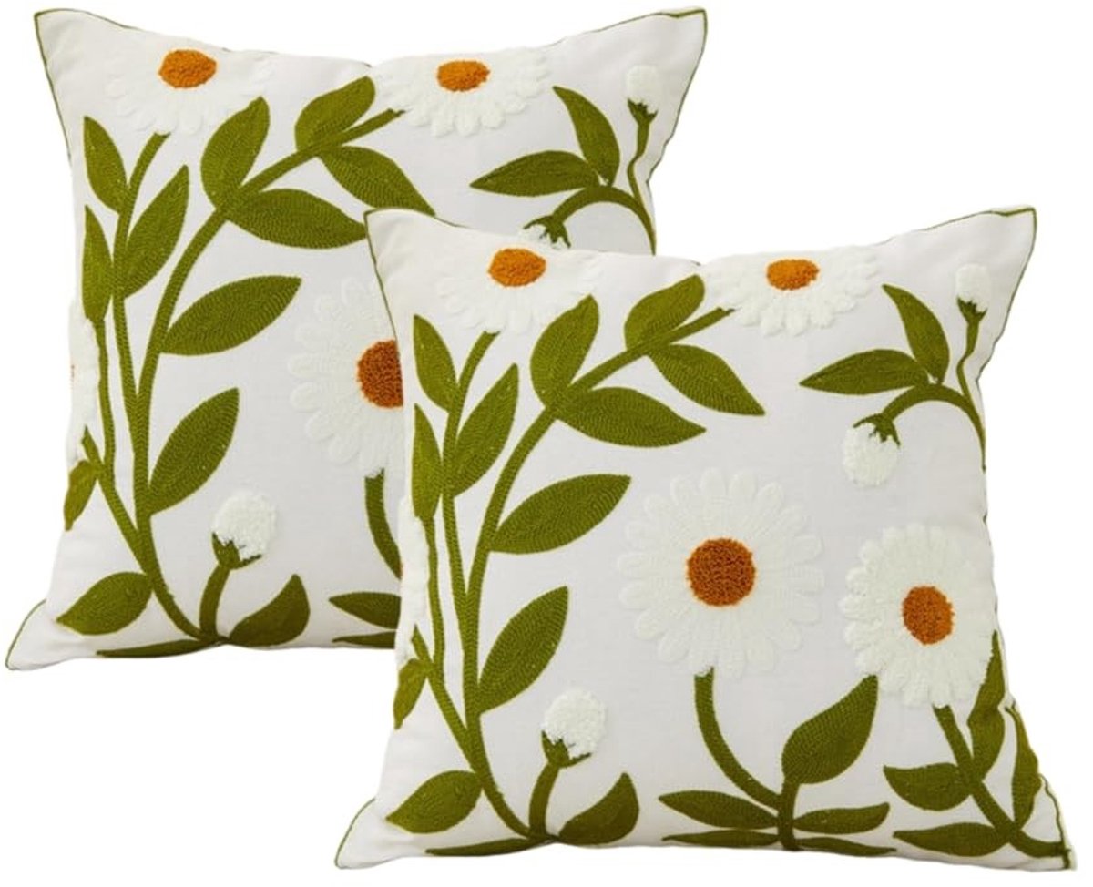 Dailygoods- Kussensloop 45 x 45 cm - Set van 2 - Katoenen Kussensloop - Geborduurde Bloemen - Verborgen Rits - Decoratief Design - Kussenhoezen